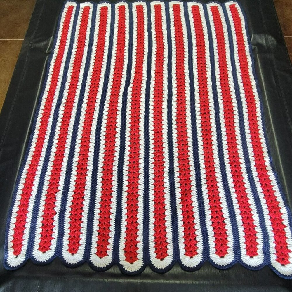 Granny Afghan Americana Red White Blue Stripes Crochet Throw Lap Blanket 47 x 58
